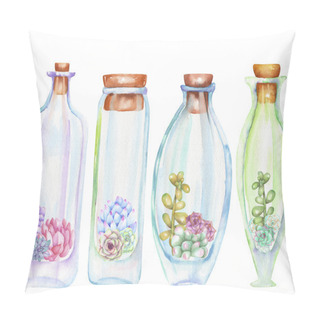 Personality  Collection Of Florariums, Set Of Watercolor Bottles With Succulents And Cuctuses Inside Pillow Covers
