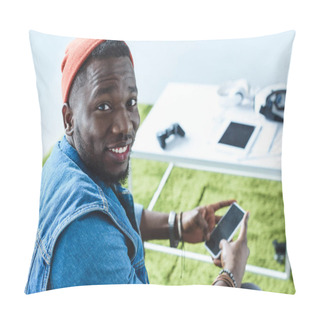 Personality  Young Man Smiling And Using Smartphone By Table With Gadgets Pillow Covers