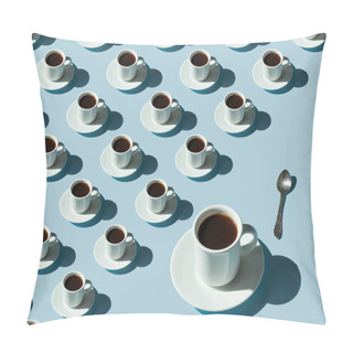 Personality Rhythmic Pattern From Cups With Coffee On A Blue Background. Pillow Covers