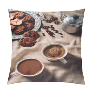 Personality  Top View Of Cups Of Fresh Coffee With Chocolate Chip Cookies And Vintage Metal Pot On Beige Cloth Pillow Covers