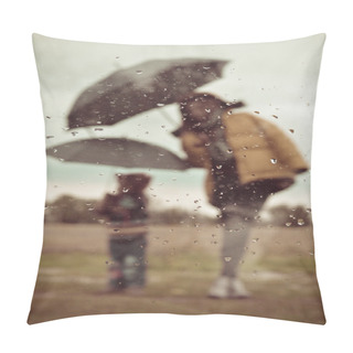 Personality  Mother And Son Under Umbrella Silhouette Through Wet Window Pillow Covers