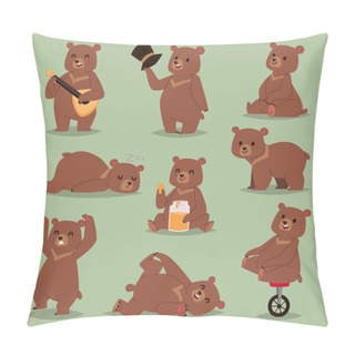 Personality  Ccute Cartoon Vector Bear Emotions Brown Character Happy Smiling Bear Drawing Mammal Teddy Smile. Cheerful Mascot Cartoon Bear Grizzly, Young, Baby Animal Zoo With Honey, Guitare, Circus Bike Wheel Pillow Covers