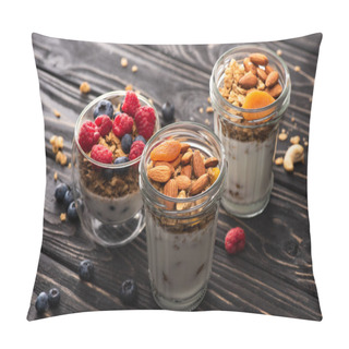 Personality  Delicious Granola With Berries, Dried Apricots, Nuts And Yogurt In Glass Cups On Wooden Surface Pillow Covers