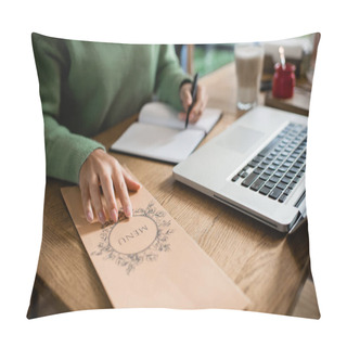 Personality  Cropped View Of African American Woman Touching Brochure With Menu Lettering On Table  Pillow Covers