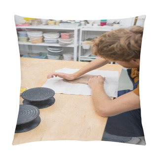 Personality  High Angle View Of Redhead Man In Apron Pressing Clay Piece With Hand During Pottery Class  Pillow Covers