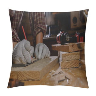 Personality  Man Work Overtime At Night. Woodworking And DIY Vintage Wooden For Home Decoration. Carpenter And Craftsman Workshop. Pillow Covers