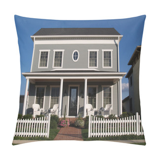 Personality  New Two Story Vinyl Home Built To Look Like An Old Historical House With Gray Vinyl Siding And Large Front Porch. Pillow Covers