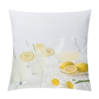 Personality  Close Up View Of Lemonade In Jug And Glasses With Straws On White Wooden Tabletop On Grey Background Pillow Covers