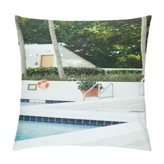 Personality  Luxury Resort, Public Swimming Pool With Bright Blue Water And Metallic Pool Ladder With Stainless Handrails Next To Potted Plant, Blurred Background, Vacation And Holiday Concept, Outdoor Leisure  Pillow Covers