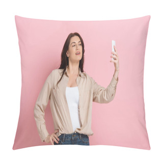 Personality  Beautiful Woman Taking Selfie With Smartphone On Pink Background, Concept Of Body Positive  Pillow Covers