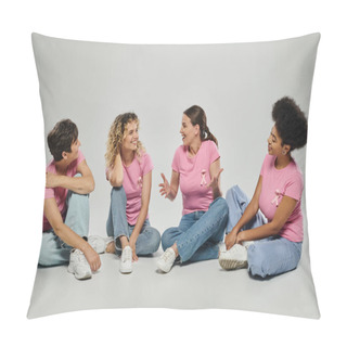 Personality  Happy Interracial Women Different Age Chatting And Sitting On Grey Backdrop, Breast Cancer Awareness Pillow Covers