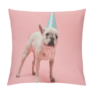 Personality  White French Bulldog In Blue Birthday Cap On Pink Background Pillow Covers