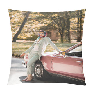 Personality  Fashionable Woman In Headscarf And Sunglasses Standing Near Cabriolet Car On Road  Pillow Covers