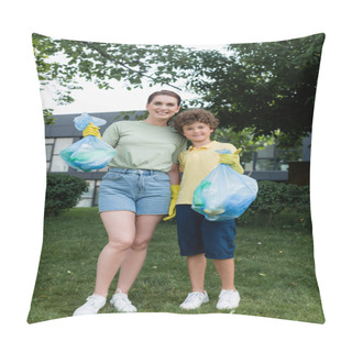Personality  Cheerful Woman Hugging Son With Trash Bag Showing Like Outdoors  Pillow Covers