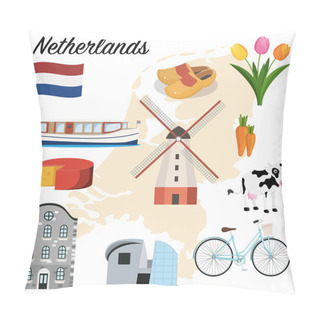 Personality  Netherlands Set. Canal Boat, Cheese, Windmill, Clogs, Tulips, Bicycle And Museum. Cartoon Vector Illustration Pillow Covers