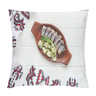 Personality  Traditional Marinated Herring With Potatoes And Onions In Earthenware Plate With Embroidered Towel On White Wooden Background Pillow Covers