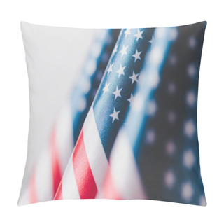 Personality  Selective Focus Of Usa National Flags Isolated On Grey, Memorial Day Concept Pillow Covers