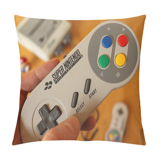 Personality  Milan, Italy - 04 19 2020: Closeup Of A SNES (also Know As Super NES) Vodeogame Consle, With Its Controller And A Little Super Mario. The Full Name Of The Console Is Super Nintendo Entertainment System Pillow Covers