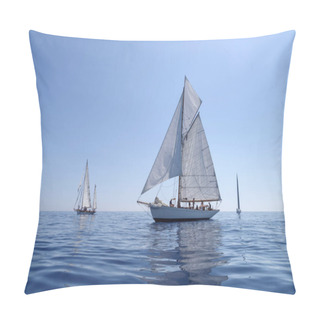 Personality  Imperia, Italy - September 10, 2023: Sail Yacht The Old Style, During Regatta In Gulf Of Imperia. Established In 1986, The Imperia Vintage Yacht Challenge Stage Is A Of The Most Important Event In Sailing The Mediterranean Pillow Covers