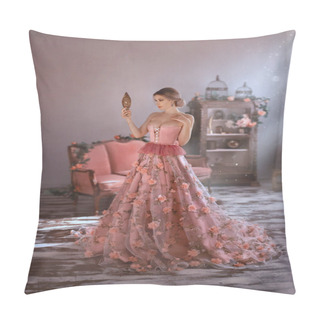 Personality  Beautiful Woman In Sexy Long Medieval Pink Dress, Spring Flowers On Skirt, Looks At Herself. Holds In Hand Vintage Mirror. Adult Girl Queen With Big Breasts In Corset, Open Chest. Elegant Bun Hair Pillow Covers