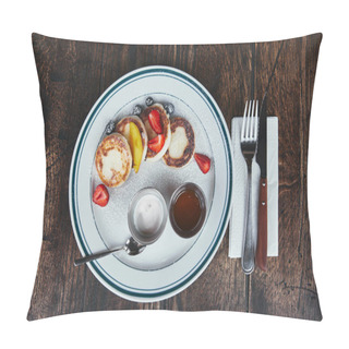 Personality  Top View Of Cheese Pancakes With Bowls Of Dippings And Cutlery On Rustic Wooden Table Pillow Covers