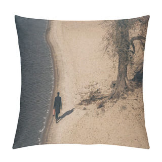 Personality  High Angle View Of Man With Suitcase Walking By Sandy Beach In Autumn Pillow Covers