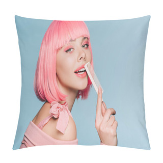 Personality  Sensual Girl In Pink Wig Posing With Hair Comb Isolated On Blue Pillow Covers