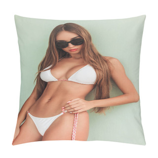 Personality  Attractive Girl With Long Hair Posing In White Bikini And Sunglasses Pillow Covers