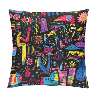 Personality  Doodles Colorful Tribal Ethnic Style Seamless Patern With Squiggles, Doodle Lines, Zigzag, Eyes, Flowers, Different Hand Drawn Shapes And Lines. Vector Bright Freehand Ornaments On Black Background. Pillow Covers