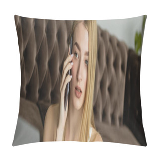 Personality  Blonde Coach Talking On Smartphone And Looking At Blurred Laptop Near Sofa At Home, Banner  Pillow Covers