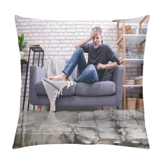 Personality  Upset Young Man Sitting On Sofa In The Living Room Flooded With Water Pillow Covers