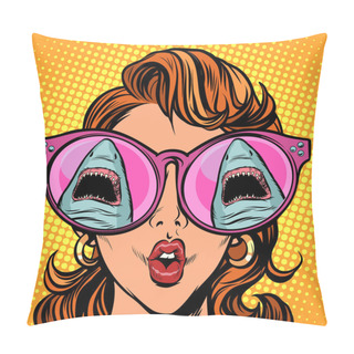 Personality  Woman Looks At The Shark With Surprise. Comic Cartoon Pop Art Retro Vector Illustration Drawing Pillow Covers