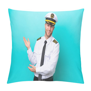 Personality  Airplane Caucasian Pilot Isolated On Blue Background Extending Hands To The Side For Inviting To Come Pillow Covers