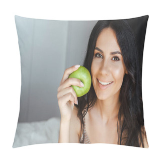 Personality  Beautiful Smiling Girl Holding Green Fresh Apple In Bedroom Pillow Covers