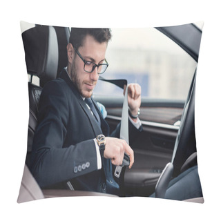 Personality  Business Man Putting On Seat Belt Sitting In Luxury Car Pillow Covers