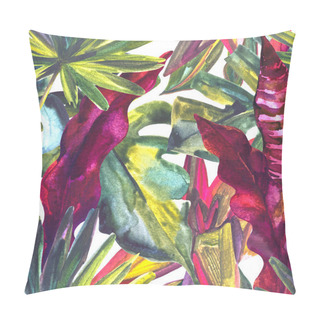 Personality  Watercolor Tropical Leaves Seamless Pattern In Bright Colors. Watercolour Colorful Leaves Painting In Tropic Style. Hand Painted Illustration For Summer Design, Natural Art Background Pillow Covers
