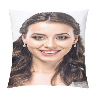 Personality  Close-up Portrait Of Smiling Young Bride In Wedding Dress With Earrings And Tiara Isolated On White Pillow Covers
