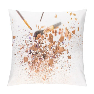 Personality  Close-up Shot Of Pieces Of Cosmetic Powder With Makeup Brushes Falling Isolated On White Pillow Covers
