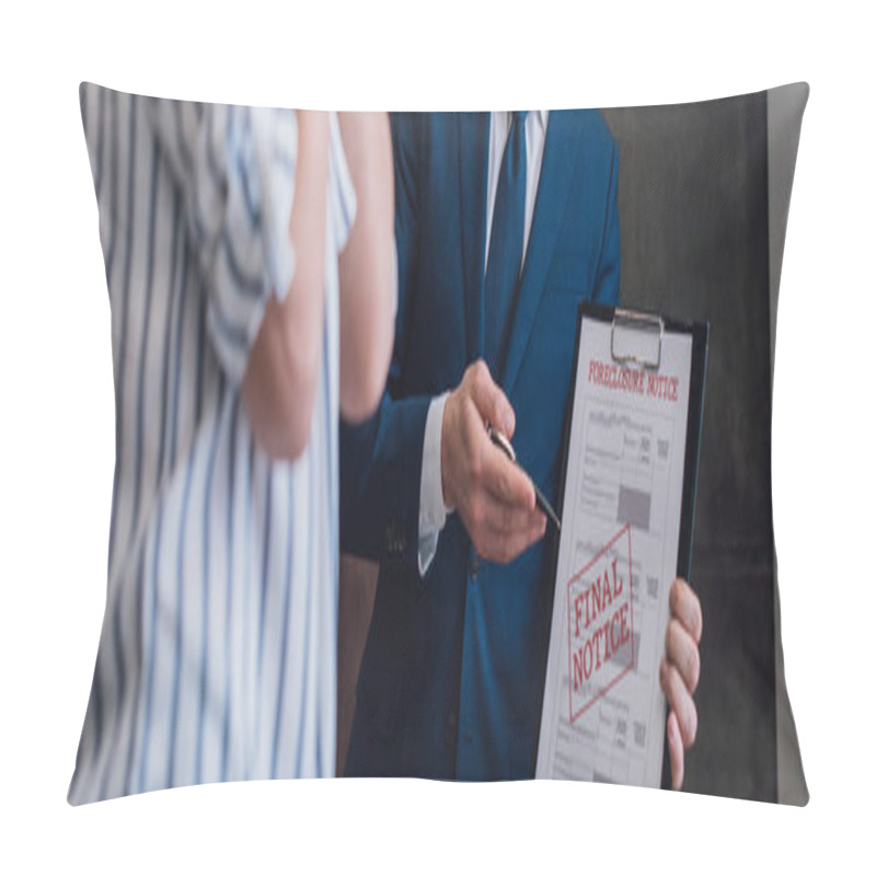 Personality  Cropped View Of Collector Pointing With Pen At Documents With Foreclosure And Final Notice Lettering Near Woman, Panoramic Shot Pillow Covers
