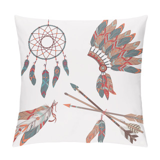 Personality  Vector Ethnic Set: Dream Catcher, Feathers, Arrows, Headdress Pillow Covers