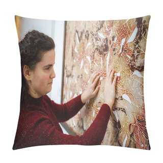 Personality  MINSK, BELARUS - 20 YANUARY, 2018: Blind Woman Touches Hands Tactile Paintings In The Museum Pillow Covers