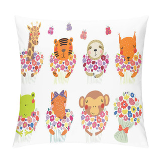 Personality  Set Of Cute Funny Little Animals With Flowers, Scandinavian Style Flat Design,  Concept For Children Print Pillow Covers