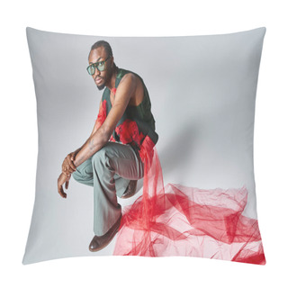 Personality  Appealing African American Man In Fashionable Attire Squatting On Gray Backdrop, Fashion Concept Pillow Covers