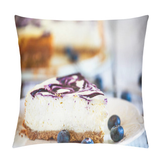Personality  A Slice Of Delicious Homemade Blueberry Marble Cheesecake With Graham Cracker Crust And Fresh Blueberries. Selective Focus With Extreme Shallow Depth Of Field. Pillow Covers