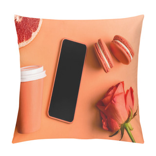 Personality  Smartphone In Coral Case, Coral Paper Cups, Rose Flower, Macarons And Grapefruit Half On Coral Background, Color Of 2019 Concept Pillow Covers