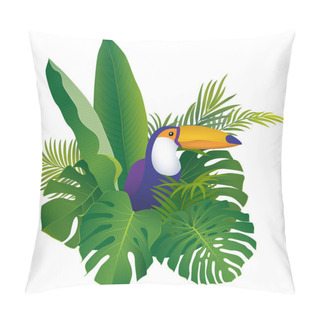 Personality  Composition Of Tropical Bird Toucan Sitting In Tropical Leaves Of Bananas, Monsteras And Palms Cut Out On White Background Pillow Covers