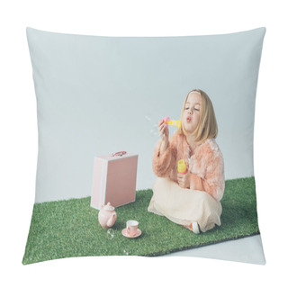 Personality  Cute Child With Crossed Legs Sitting On Grass Rug And Blowing Soap Bubbles Isolated On Grey Pillow Covers