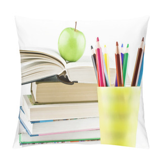 Personality  Textbooks With Apple On Top And Multicolor Pencils Close-up Pillow Covers