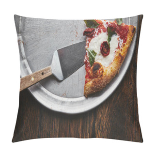 Personality  Top View Of Slice Of Tasty Pizza With Server On Metal Tray And Wooden Table Pillow Covers