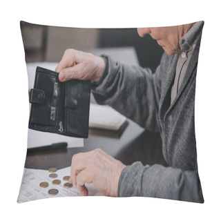 Personality  Male Pensioner Sitting At Table With Paperwork And Counting Money Pillow Covers